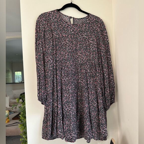 Zara black w/ pink florals flowy long sleeve puff sleeve mini dress bubble style - Picture 4 of 8